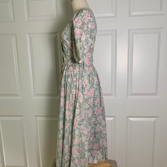 Vintage sage and pink floral Laura Ashley ss dress with piped bodice, US 10 - Picture 4 of 15